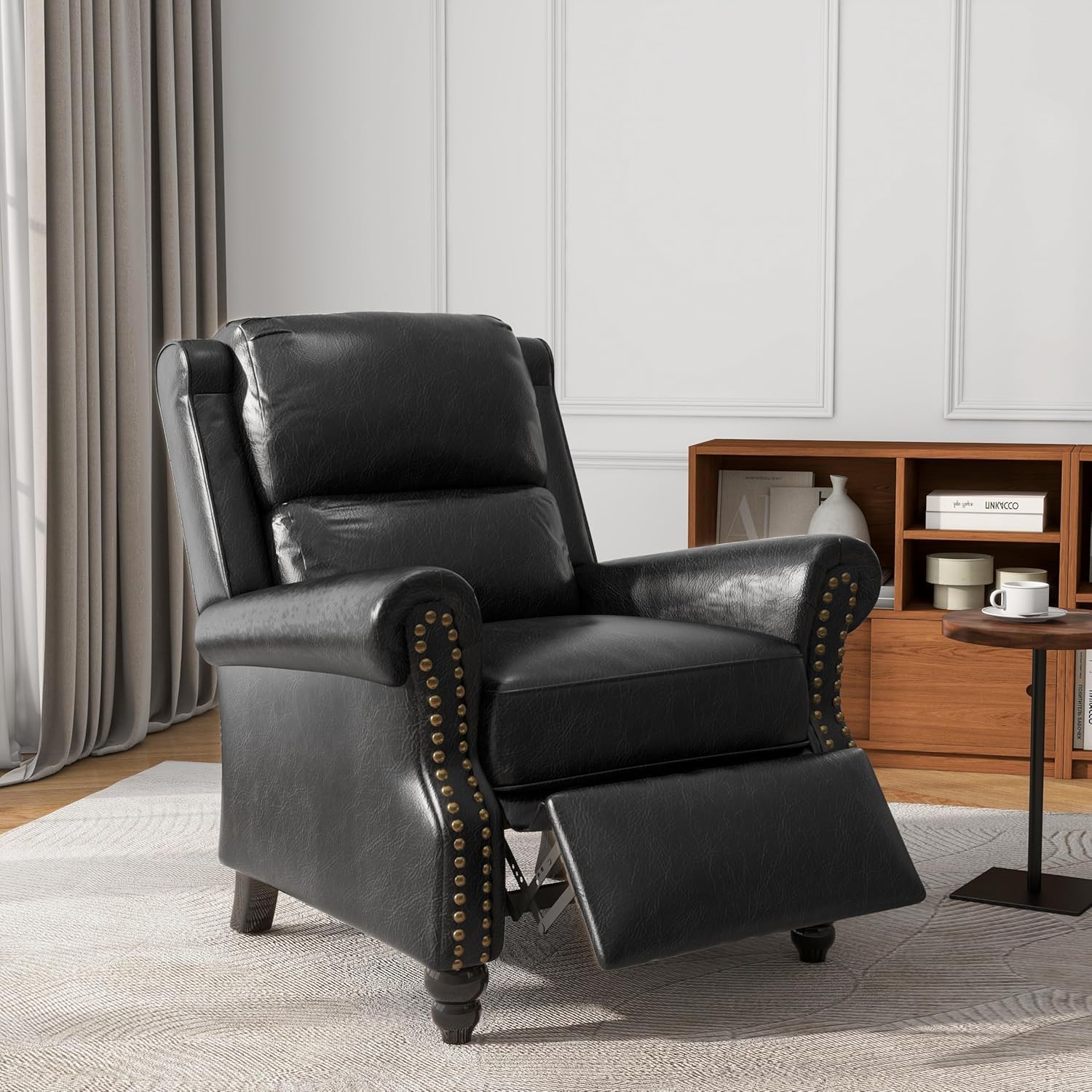 Pushback Recliner Chair, PU Leather Armchair Push Back Accent Chair for Living Room, Rivet Trim Club Chair Home Theater Overstuffed Single Sofa Bedroom Reading Seat - Black