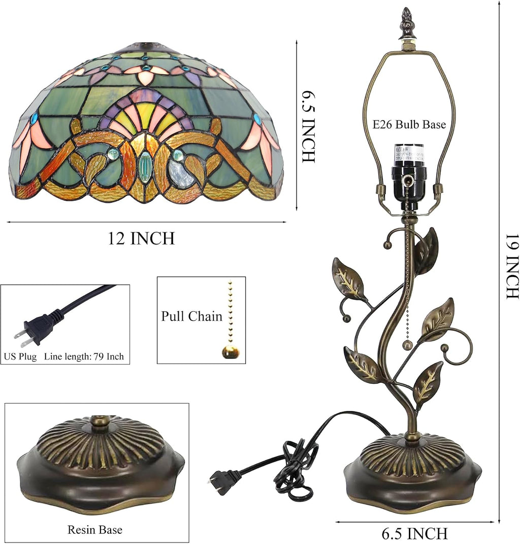 Tiffany Table Lamp Stained Glass Desk Lamp Metal Leaf Base Reading Light 12X19 Inch (Baroque Style)