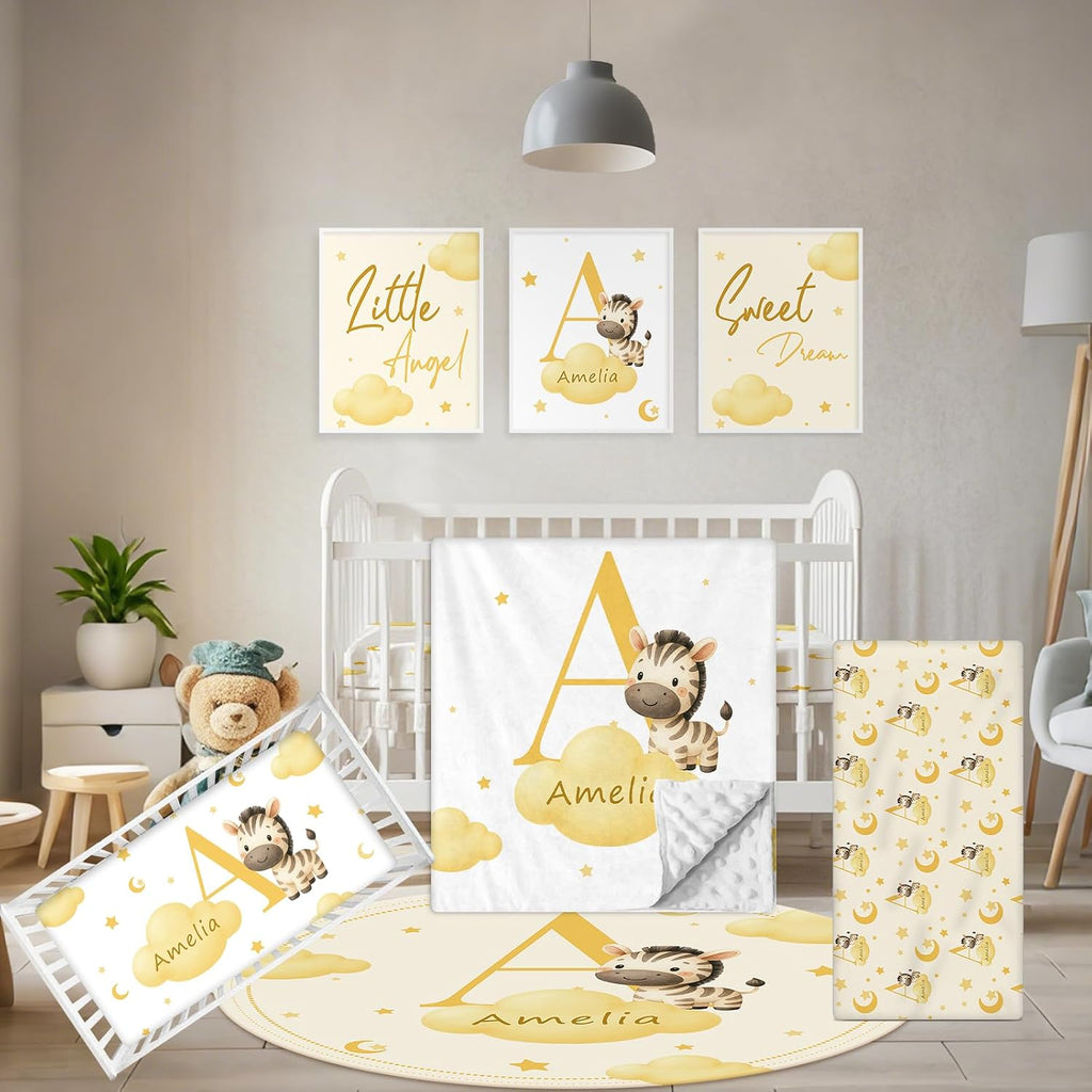 Terwex Personalized Baby Crib Bedding Set, 5 Pcs Custom Name Nursery Bedding Set, Yellow Zebra Baby Bedding Set for Girls Boys, Double Layer Crib Sets, Customized Gifts for Toddler Infant New Parents