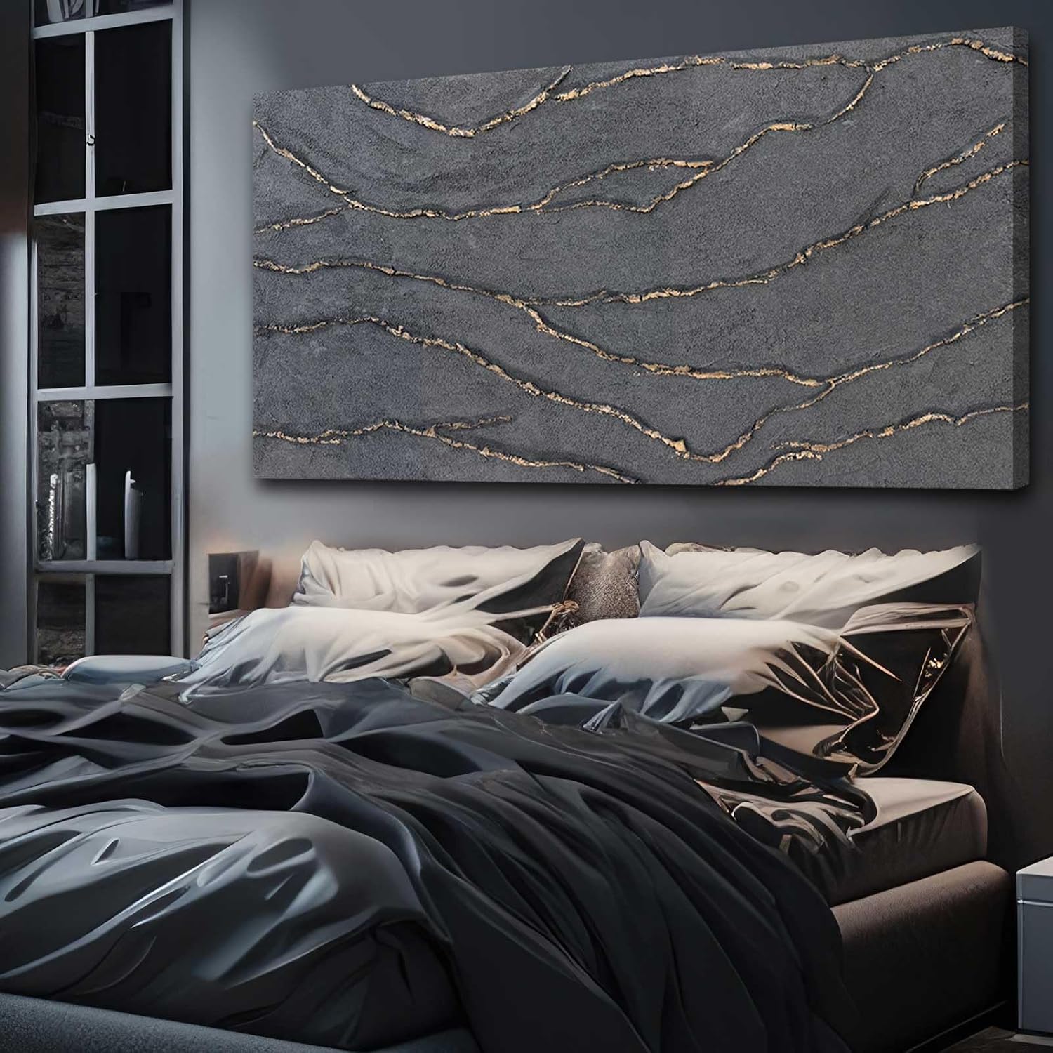 XIANSHOU Canvas Wall Art Hand Painted Large Gold and Grey Abstract Painting Textured Wall Decor 29'x58' Home Artwork Decoration for Living Room Office Bedroom Dining Room