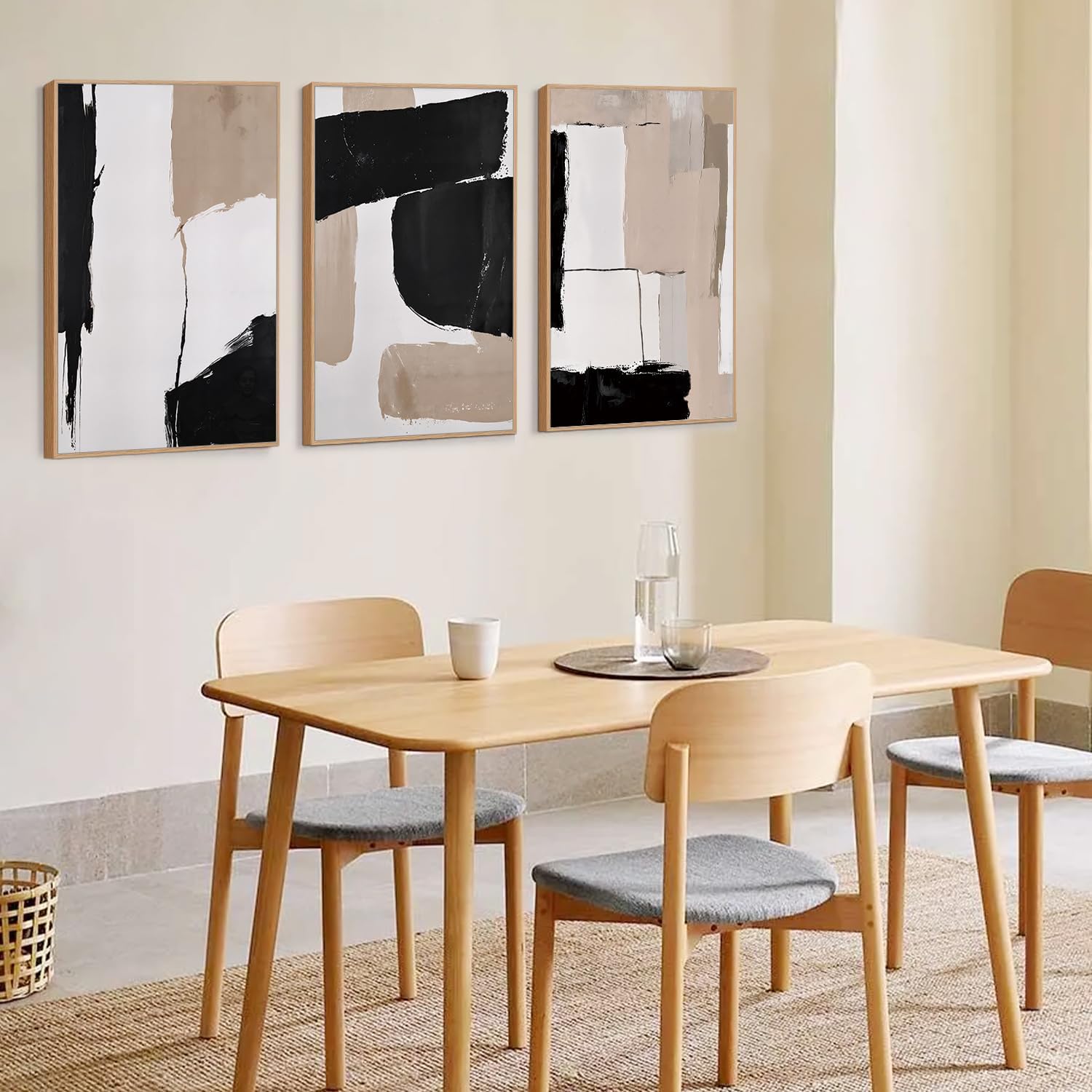 HLNIUC Large Abstract Neutral Framed Canvas Wall Art,Brown Brush Stroke Wall Decor,Minimalist Textured Block Artwork Set of 3(24x36),Modern Beige Black White Prints for Living Room,Bedroom,Office