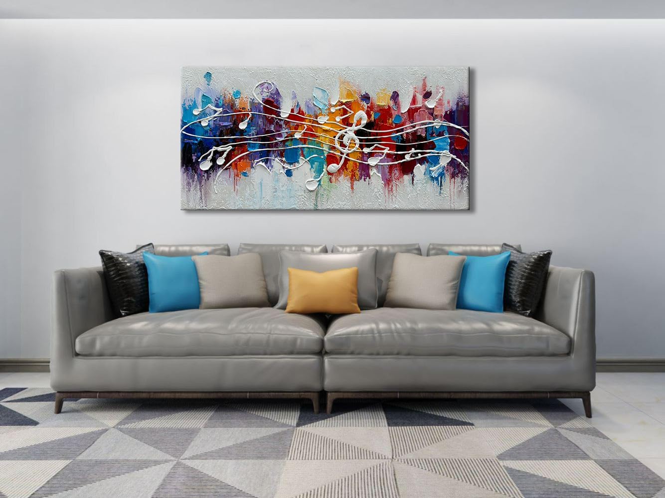 zoinart Colorful Music Symbol Oil Painting on Canvas, Abstract Art Thick Paint Texture Painting, Creative Pattern Wall Art, Modern Minimalist Living Room Deco