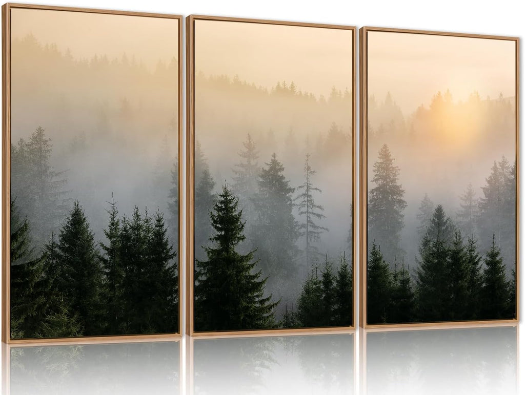 FWIEXA Misty Forest Wall Art Set Framed, Large Mountains Canvas Wall Decor, Green Nature Wall Painting, Foggy Tree Landscape Artwork 3 Panel 24x36 Inches for Living Room, Bedroom, Office, Gift