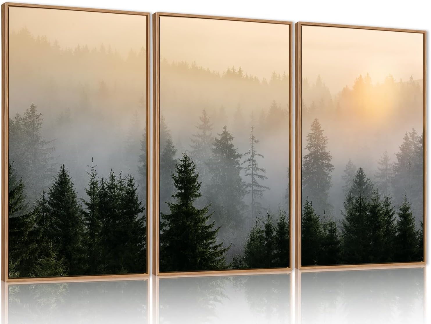 FWIEXA Misty Forest Wall Art Set Framed, Large Mountains Canvas Wall Decor, Green Nature Wall Painting, Foggy Tree Landscape Artwork 3 Panel 24x36 Inches for Living Room, Bedroom, Office, Gift