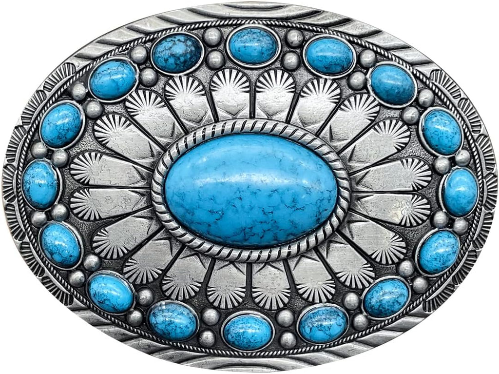 Men's Western Belt Buckle - Vintage Turquoise with Native American & Cowboy Elements