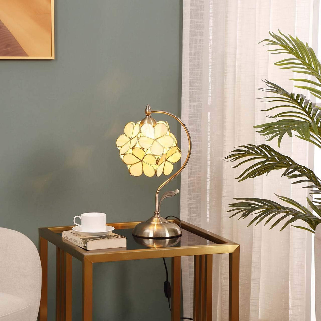 Bieye L10754 Tiffany Style Stained Glass Flower Petal Table Lamp with Brass Base for Home Décor (Cream, 8' Cherry Blossom)