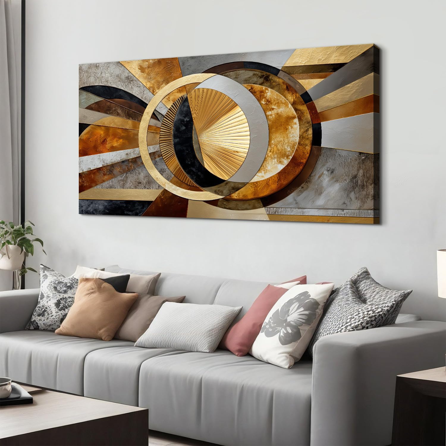 Big Abstract Wall Art Geometric Line Canvas Prints Pictures Modern Office Wall Decor Black and Gold Gray Stroke Ink Painting Mid Century Artwork Poster for Living Room Office Home Decorations 75x147cm