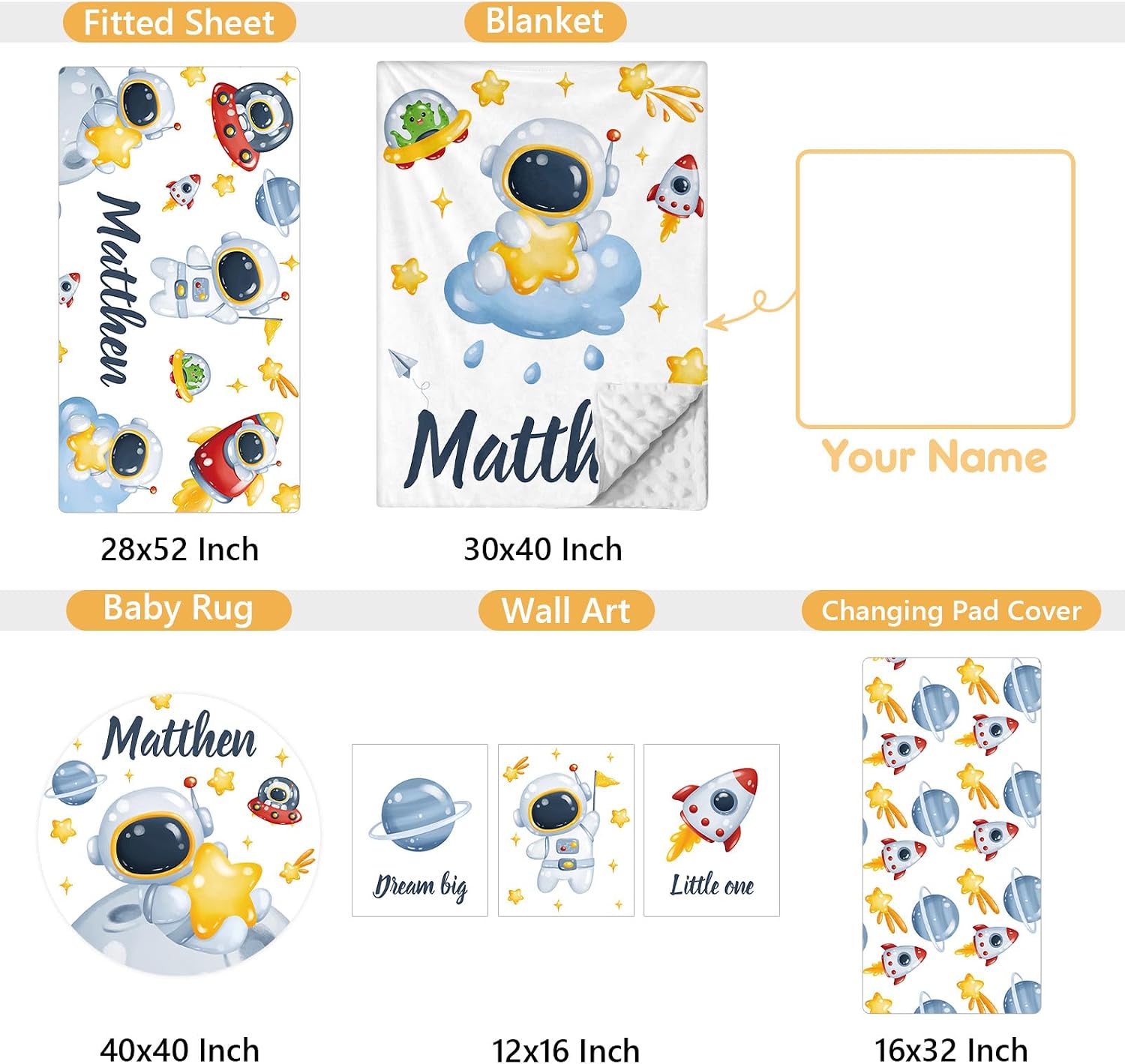 Terwex Customized Baby Bedding Set, 5 Pcs Custom Nursery Bedding Set with Baby Name, Double Layer Crib Set for Girls Boys, Personalized Gifts for Toddlers Infants New Parents, Space Astronaut