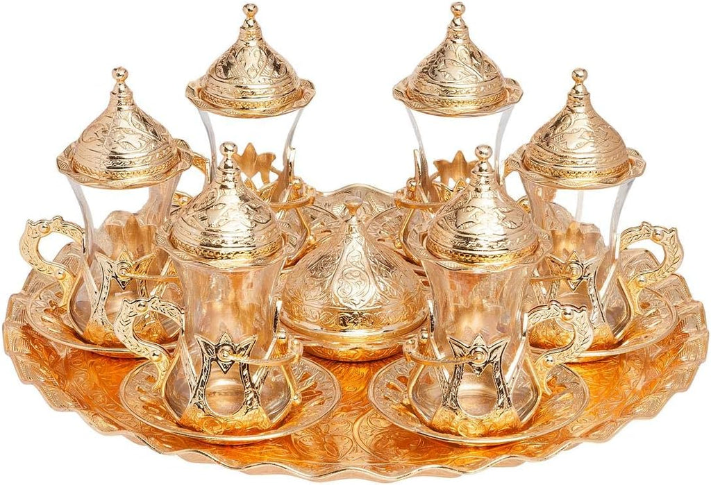 Alisveristime Handmade Turkish Tea Water Zamzam Serving Set Glasses Saucer, Tray and Spoon (Gold)