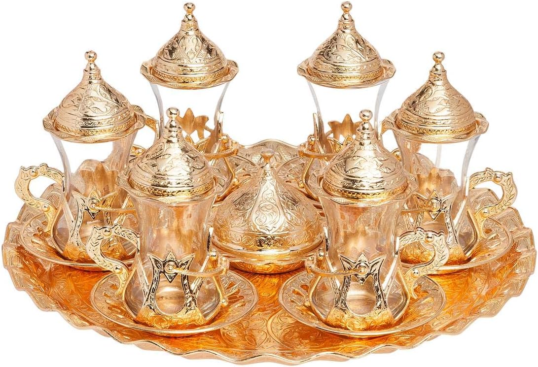 Alisveristime Handmade Turkish Tea Water Zamzam Serving Set Glasses Saucer, Tray and Spoon (Gold)