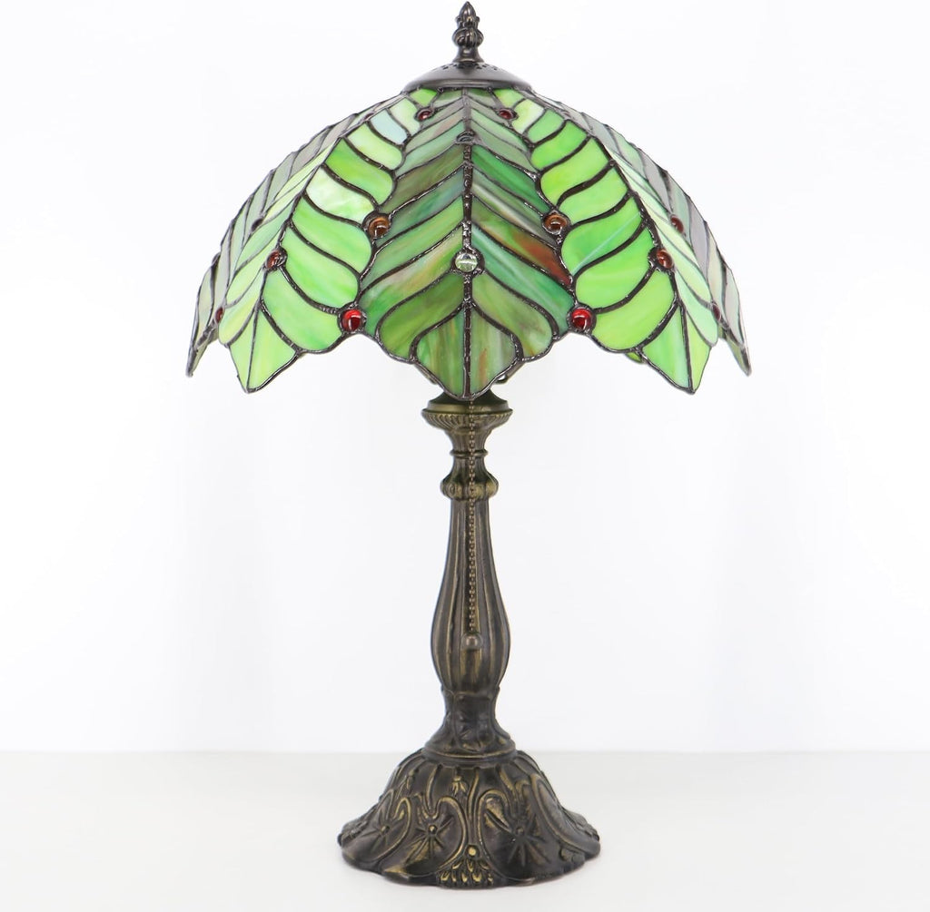 Tiffany Lamp Stained Glass Table Lamp Bedside Reading Light W12H19 Inches (Brown Green Leaf)