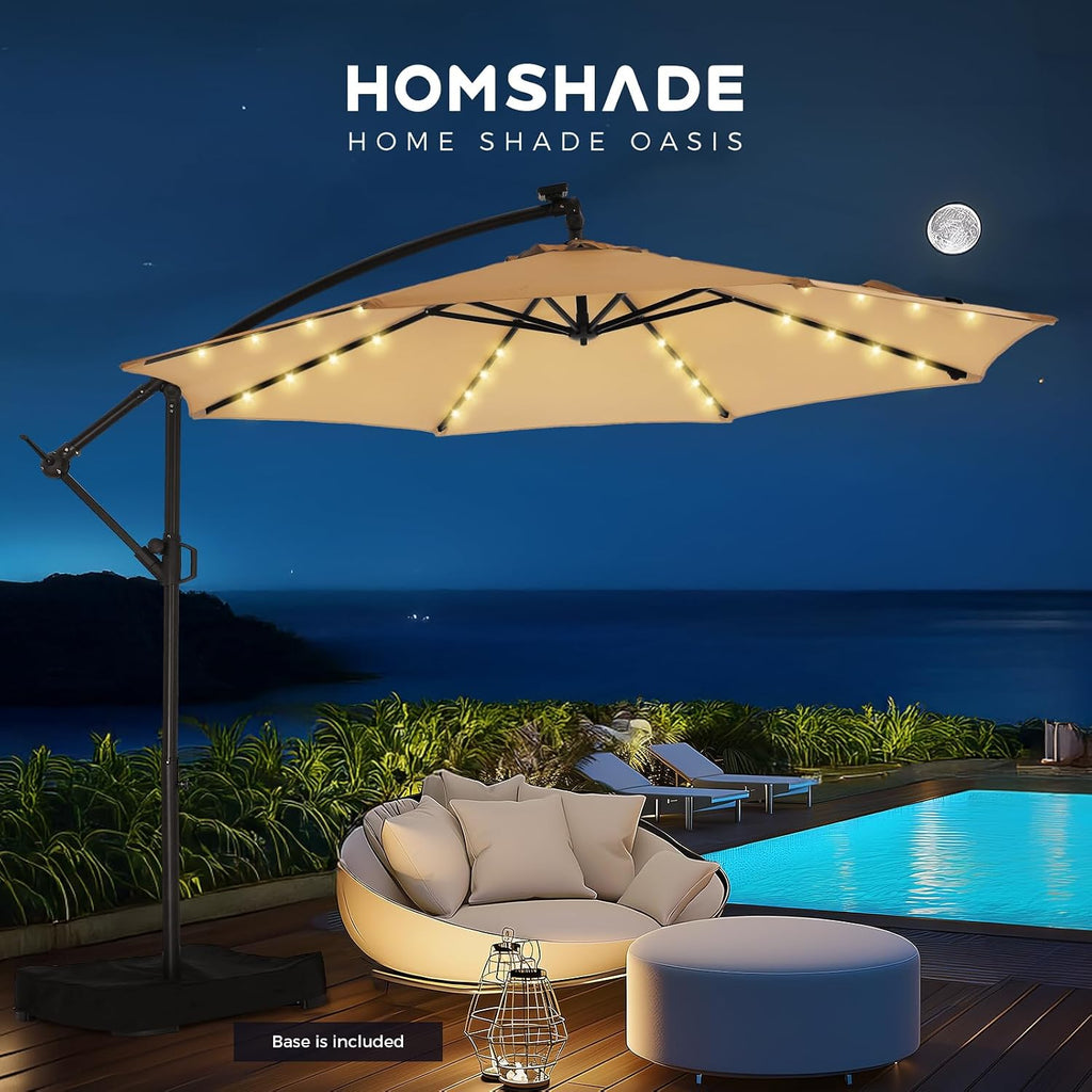 HOMSHADE 10ft Solar Lights Offset Cantilever Patio Umbrella - with Light and Base, LED Lighted Offset Hanging Patio Outdoor Market Umbrella UPF50+ UV Protection with Easy Tilt and Crank (Beige)