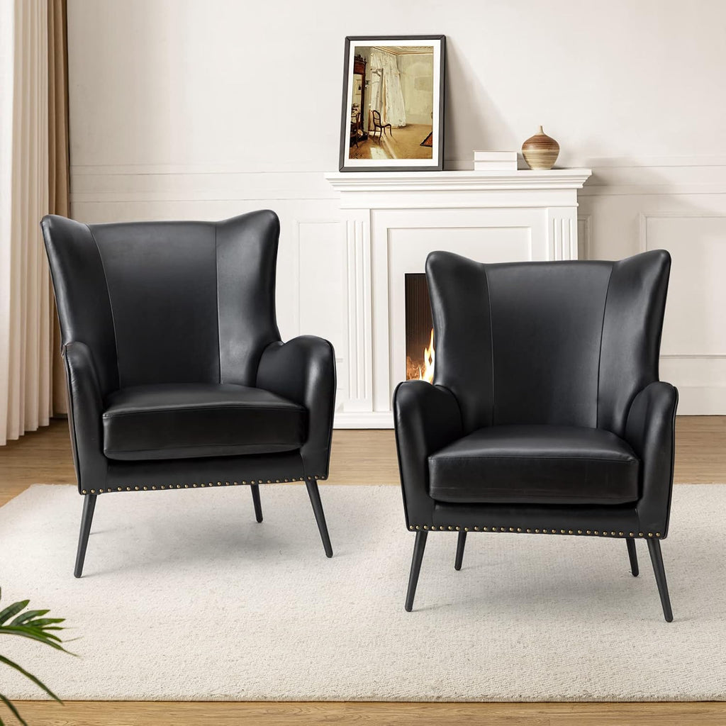 HULALA HOME Faux Leather Accent Chair Set of 2 with Removable Cushion, Comfy Upholstered Armchair with Metal Legs & Nailhead Trim Wingback Vanity Chair for Reading Living Room Bedroom, Black