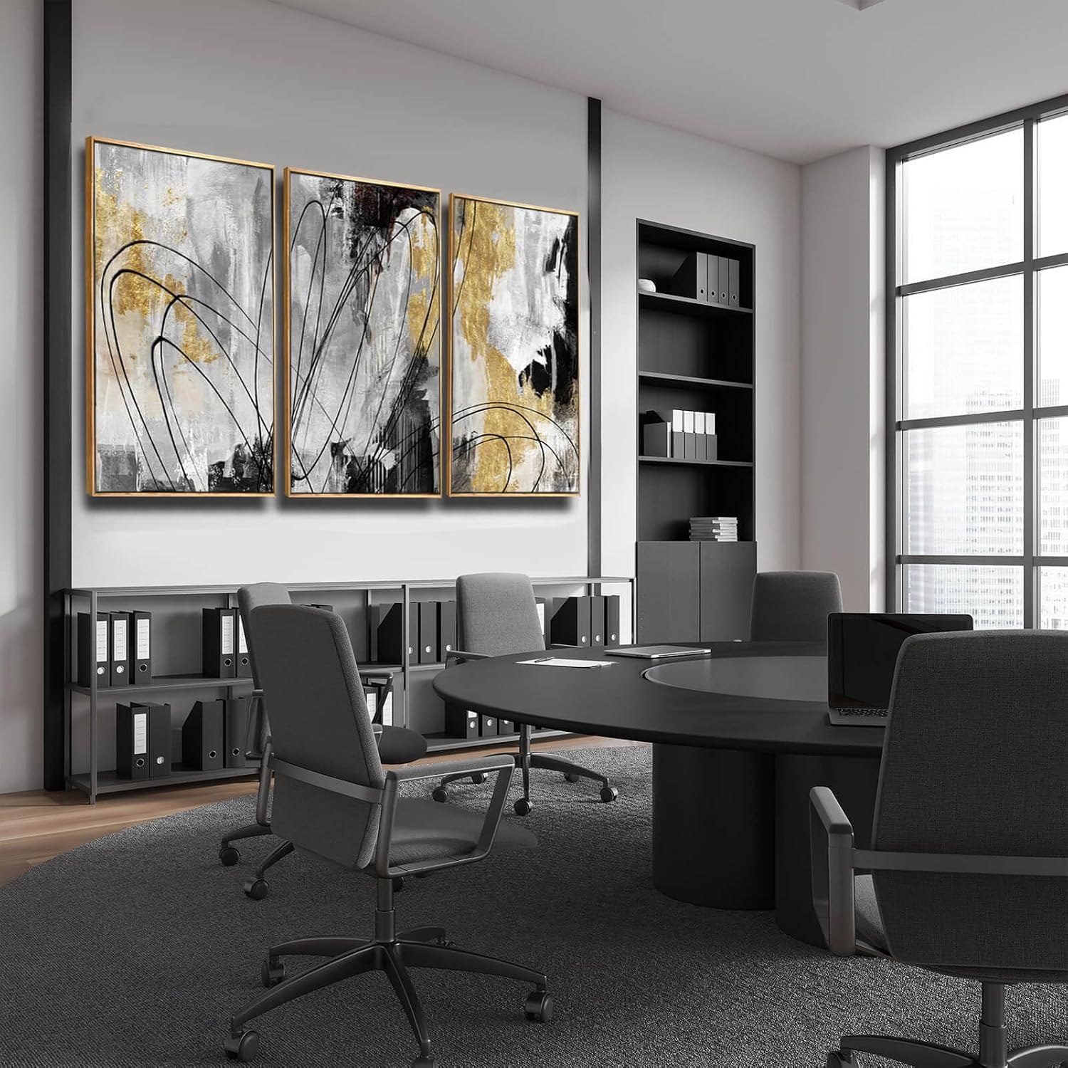 YJYart Gold Wall Art Abstract Wall Art Living Room Decor Black and White Canvas Picture Home Decor Wooden Frame Line Paintings Modern Artwork Office Decor 24'x 36'x 3 Pieces