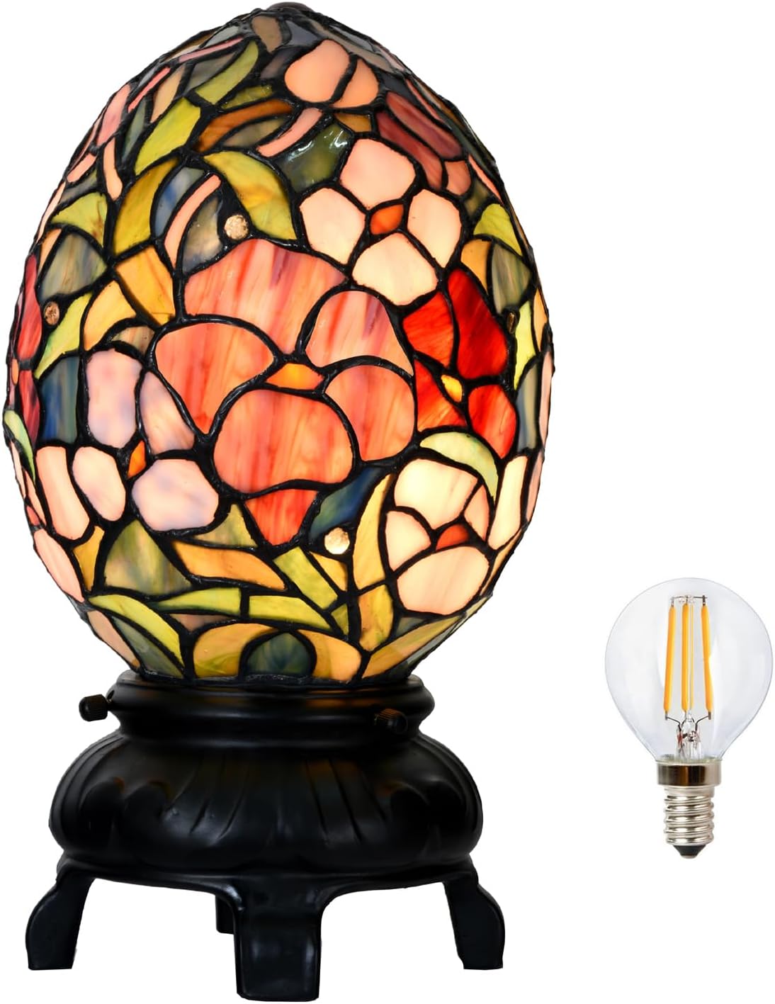 A0015 Tiffany Style Stained Glass Egg Table Lamp – Floral Pattern Decorative Night Light, 6.75' W x 12' OH for Bedroom Living Room Home Office, Vintage Accent Lamp,LED Bulb Included