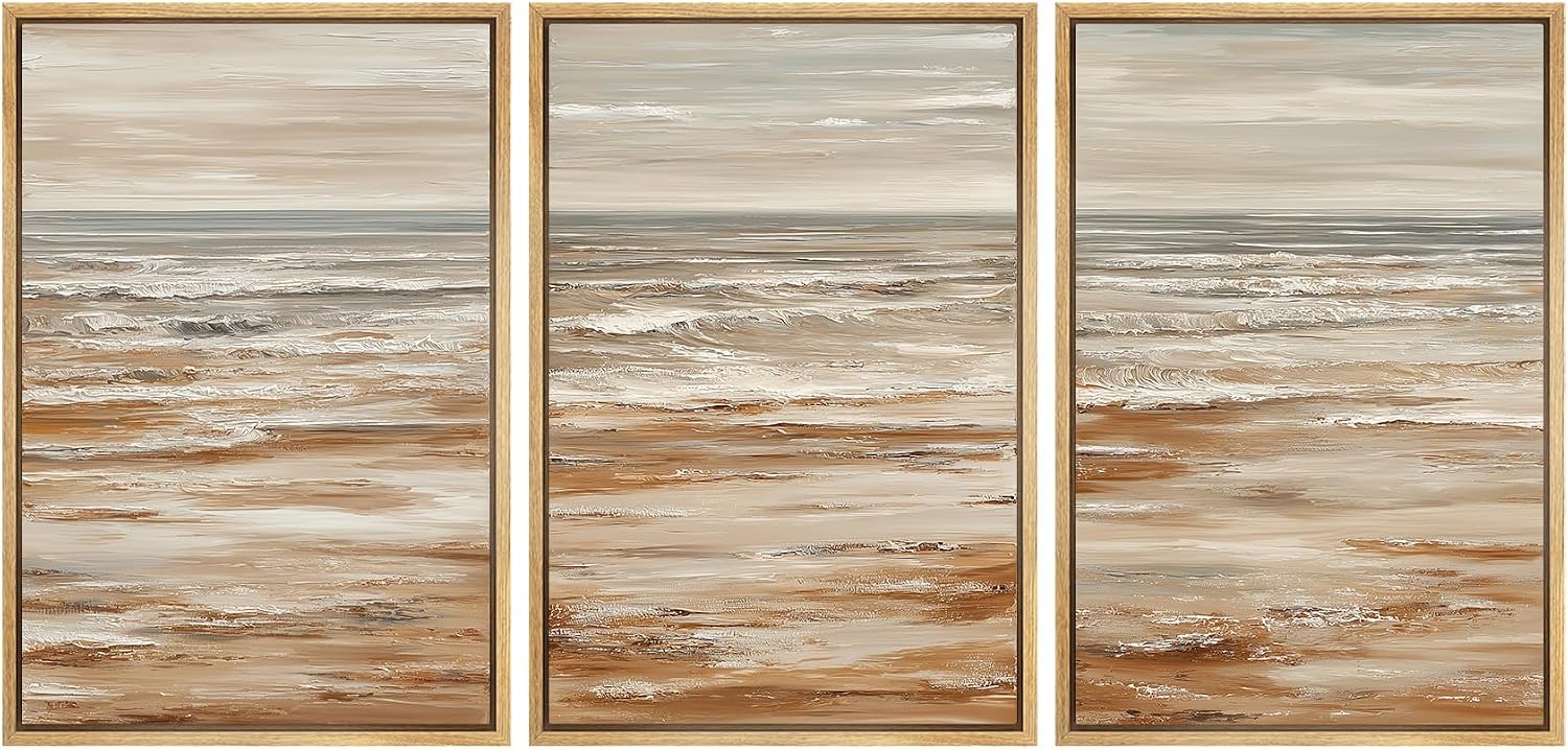 MUDECOR Framed Wall Art Print Set Neutral Coastal Seascape Minimalist Ocean Waves and Sandy Shore Illustrations Modern Art Boho Decorative for Living Room, Bedroom, Office - 24'x36'x3 NATURAL