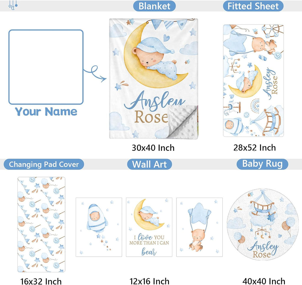 KAINSY Custom Crib Bedding Set 5 Piece for Girls Boys – Personalized Sleeping Bear Theme, Newborn Sleep Set, Nursery Decor, Toddler Room Essentials, Infant Sleep, Baby Room Accessories, Baby Gift