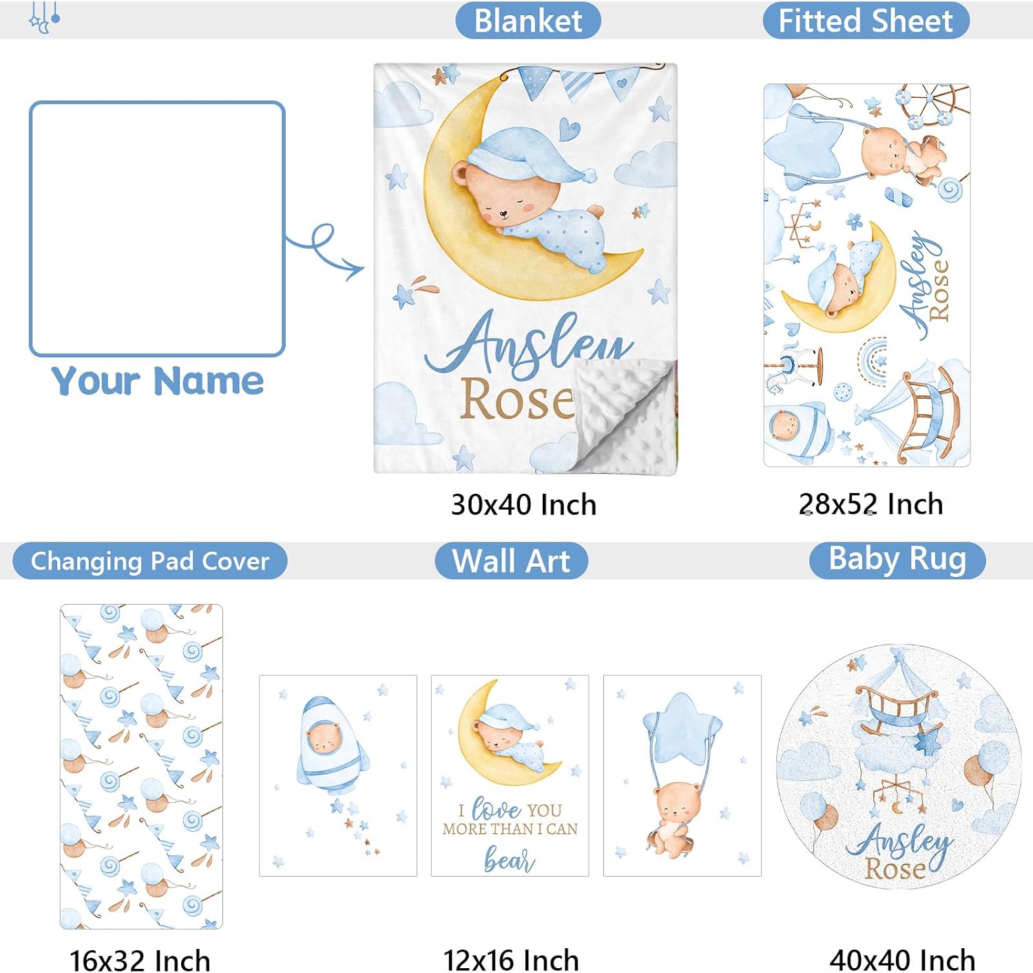 KAINSY Custom Crib Bedding Set 5 Piece for Girls Boys – Personalized Sleeping Bear Theme, Newborn Sleep Set, Nursery Decor, Toddler Room Essentials, Infant Sleep, Baby Room Accessories, Baby Gift