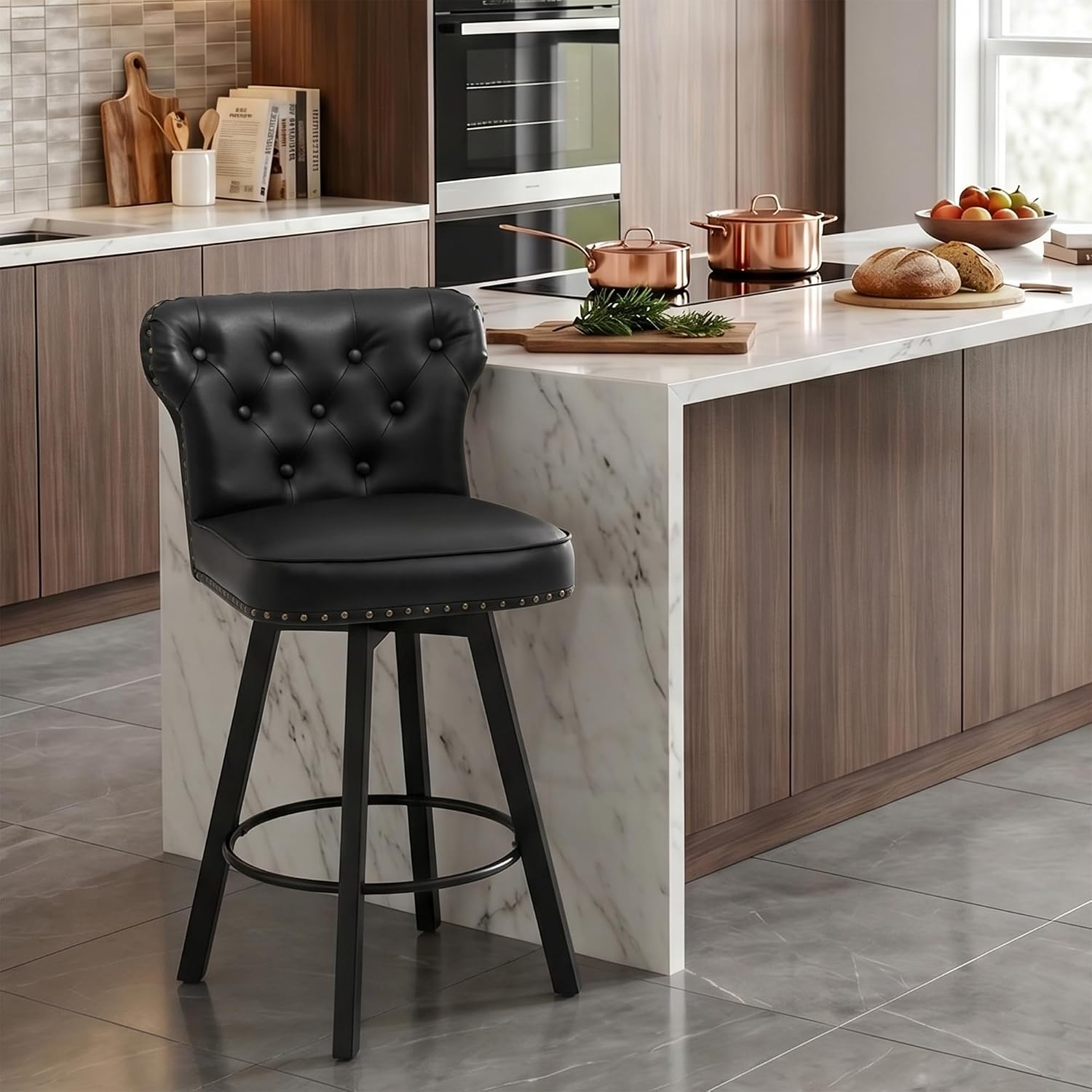 Counter Height Bar Stools, 26' Mid-Century Swivel Bar Stool with Metal Base for Kitchen Island, Rivet Armless Faux PU Leather Barstool with High Back and Large Thick Cushion, Black
