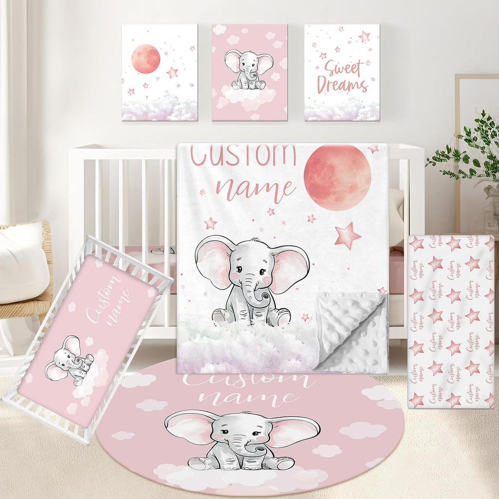 KAINSY Personalized Nursery Bedding Set, 5 Pcs - Custom Baby Girl Elephant Bedding, Toddlers Bedding Set with Name, Double Layer, Customized Gift for Infant Kid
