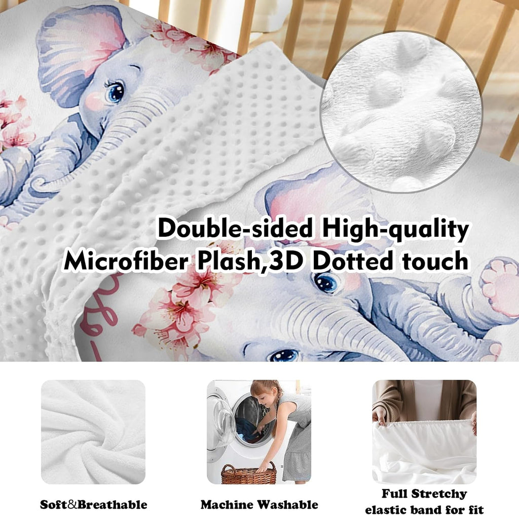 Personalized Nursery Crib Bedding Set: Custom Name 5 Piece Baby Crib Sets with Pink Flower and Elephant Pattern - Toddler Double Layer Blanket Set, Comfortable Crib Bed Sheets for Baby Grils