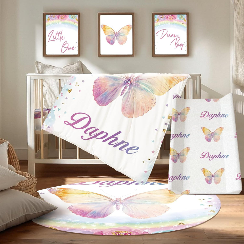 Personalized Baby Crib Bedding Set, Custom Name Nursery Bedding, Butterfly 5 Pcs Baby Bedding Set for Girl Boy, Double Layer Crib Set, Customized Gifts(Fixed Size)