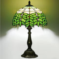 Tiffany Style Stained Glass Table Lamp 12-inch Dia Natural Green Leaf Design Lampshade Nightstand Light for Bedroom Dining Dorm Living Hallway Cottage Office Cafe Ceremony Housewarming Gift