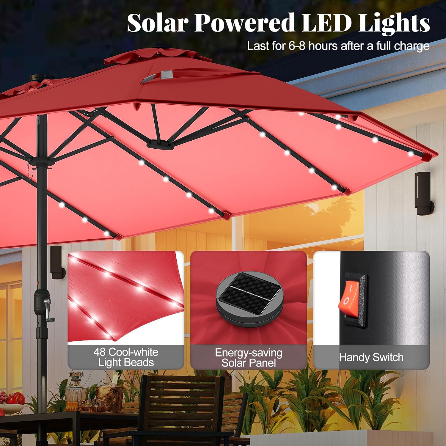 Tangkula 15FT Double-Sided Solar Patio Umbrella, Extra-Large Outdoor Twin Umbrella with 48 LED Lights, Vented Top, Crank Handle, 12 Ribs, Weighted Base Included for Backyard Poolside Deck (Wine)