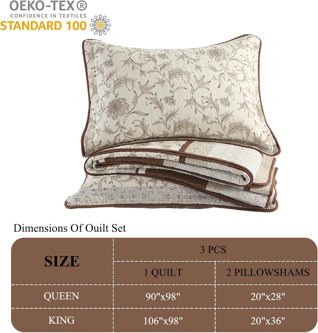 DDUOXIN 100% Cotton King Quilt - Modern Botanical Bed Quilts with 2 Pillow Shams, Floral Print Stripe Bedspread Lightweight Soft Thin Comforter Bedding Set, Brown/Gray/White