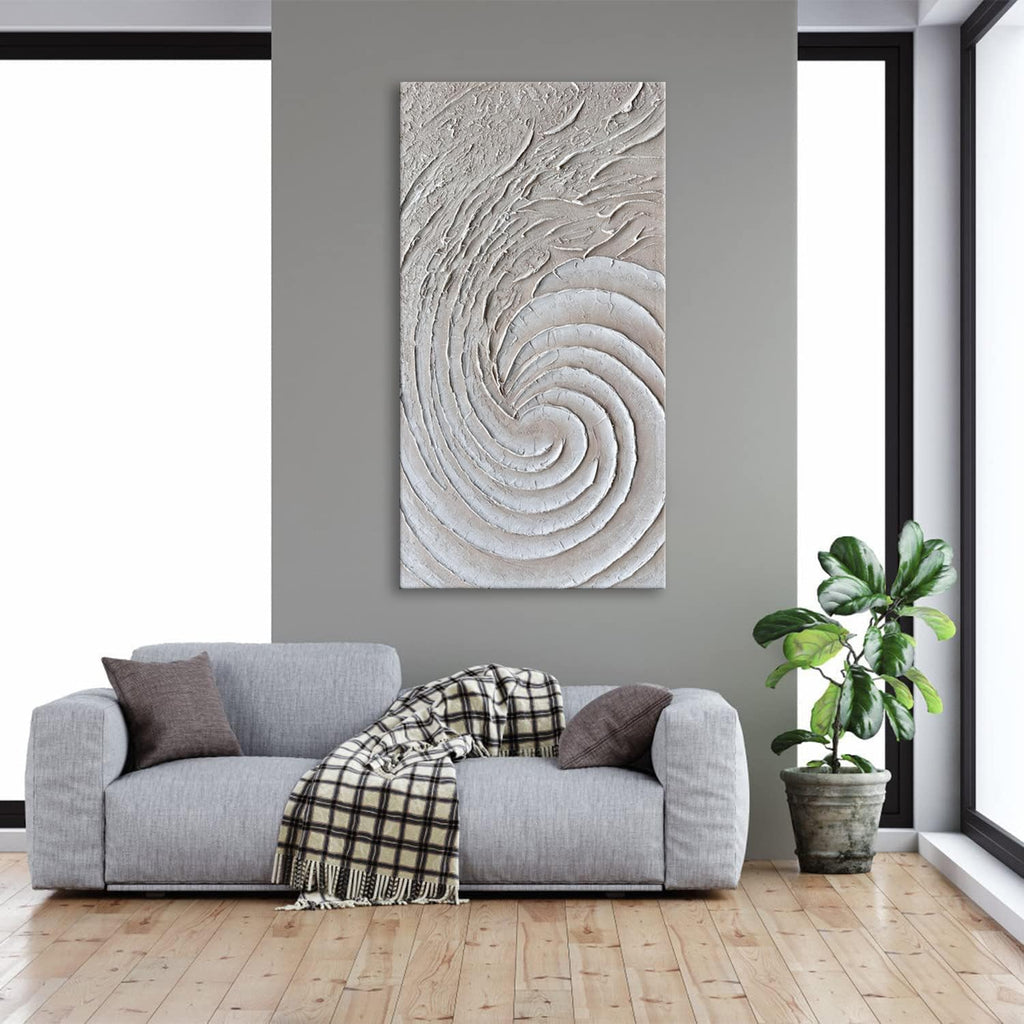 Slyart Thick Texture White Wall Art, Hand Painted 3D Ocean Wave Circle Oil Painting, 24'x48' Large White Canvas Abstract Wall Art
