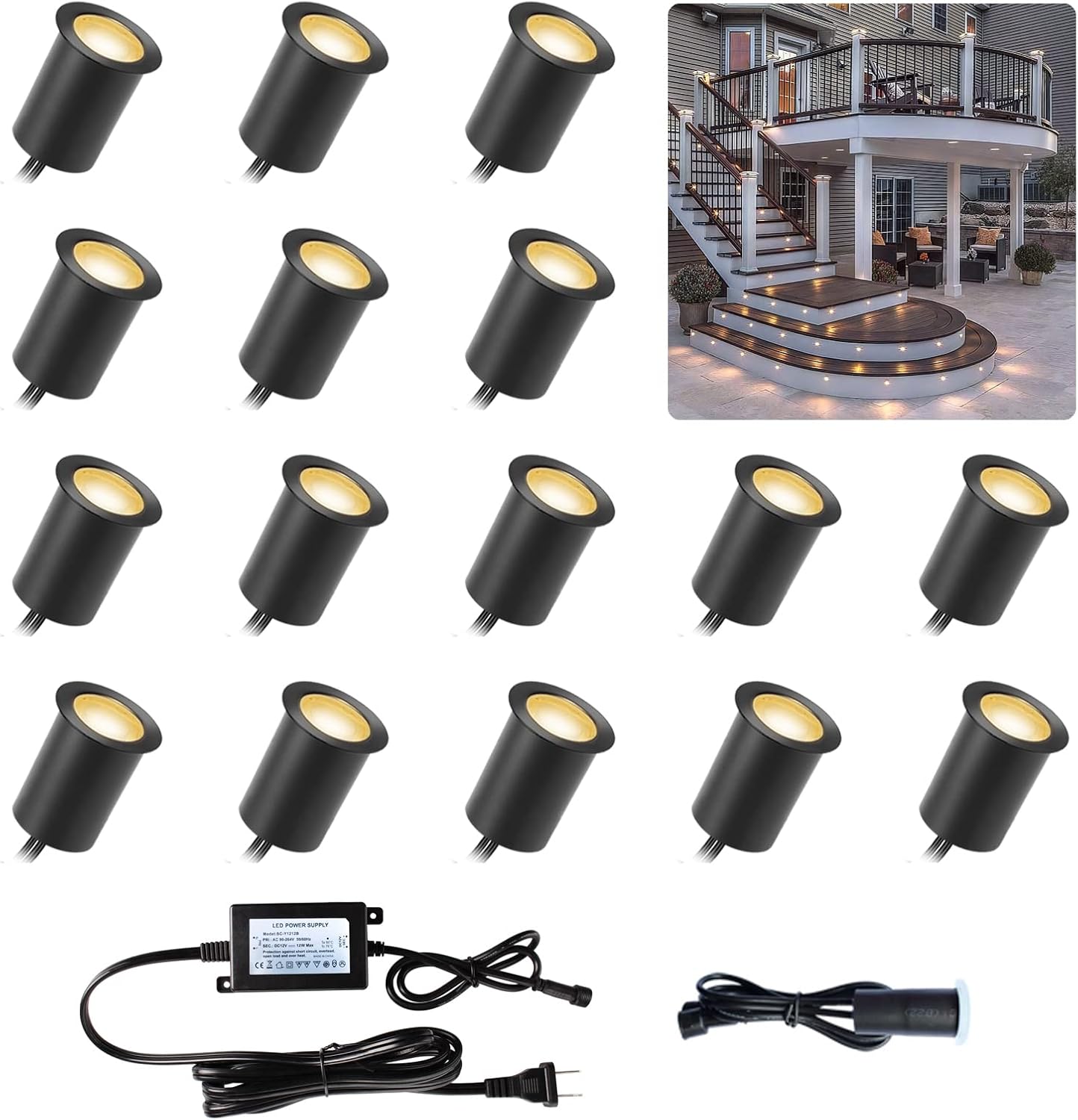 Deck Lights with Photocell and Protecting Shell, Warm White Φ1.18in Low Voltage 12V DC IP67 Waterproof, Electric Wired Round Recessed LED Outdoor Stair Step Landscape Lighting, 16 Pack Black