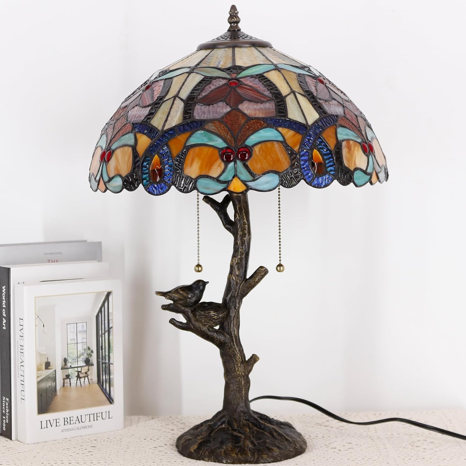 Table Lamp Base Replacement Only, Wide 7 Height 23 Inch, Fit for 12, 14, 16, 18 Inch Tiffany Style Stained Glass Lampshade, Dark Bronze Finish, Resin, Pull Chain Switch(F (W7H23 Inch))