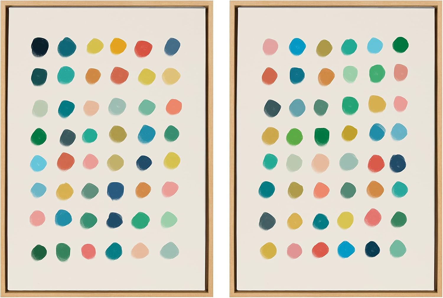 Kate and Laurel Sylvie Meditation 1 and 2 Framed Canvas Wall Art Set by Kelly Knaga; 2 Piece 23x33 Natural; Modern Abstract Colorful Polka Dot Art Set for Wall Home Decor