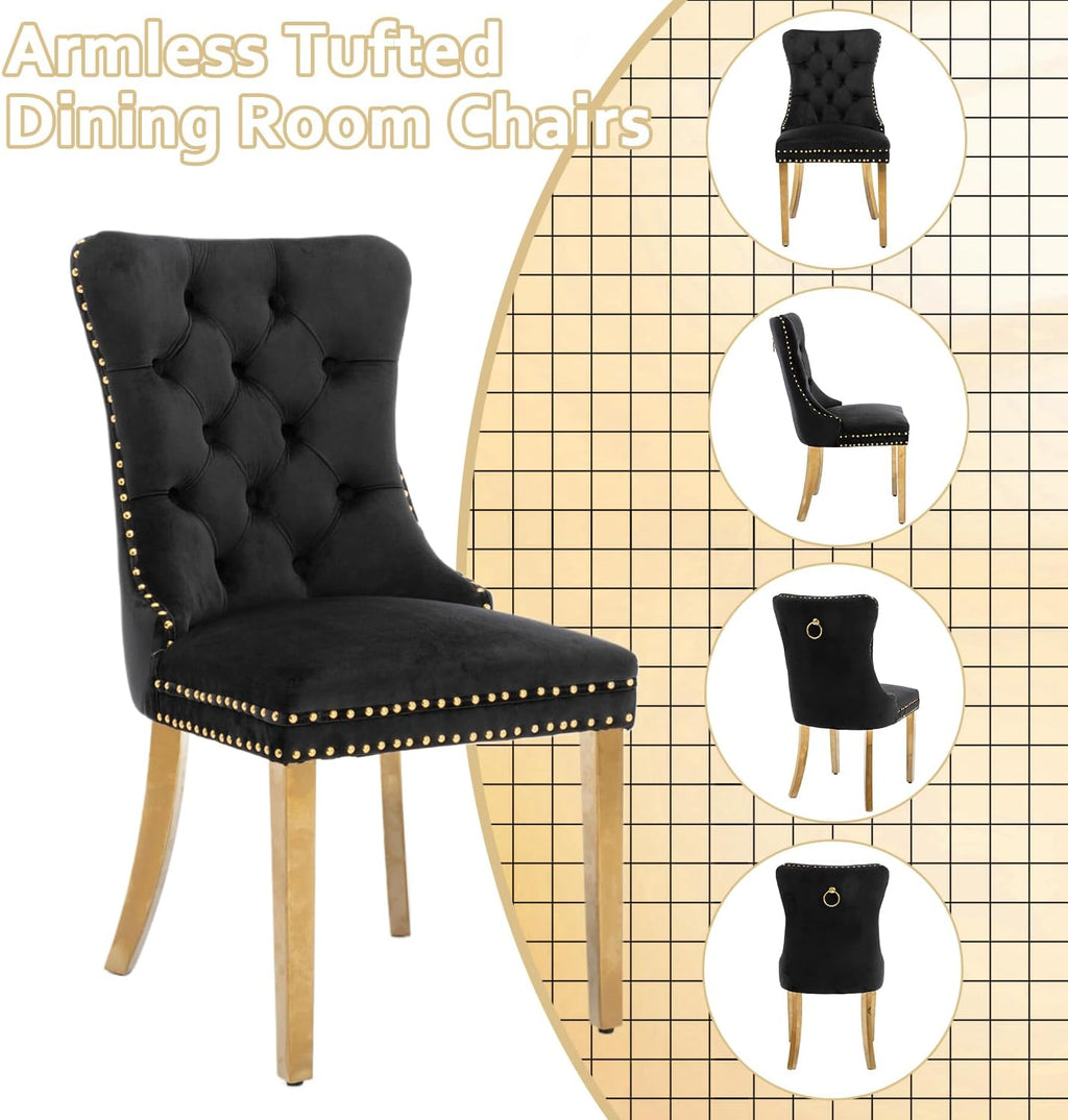 2 Piece Contemporary Velvet Upholstered Dining Chair with Chrome Stainless Steel Plating Legs, Nail Head Decro, Armless Tufted Dining Chair Fabric Dining Room Chair (Black&Gold, Set of 2)