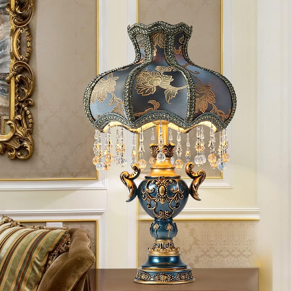 Victorian Style Table Lamp, Antique Flower Decorative Bedside Desk Lamp, Blue Fabric Night Light Elegant Bedside Nightstand Lamps for Bedroom Living Room