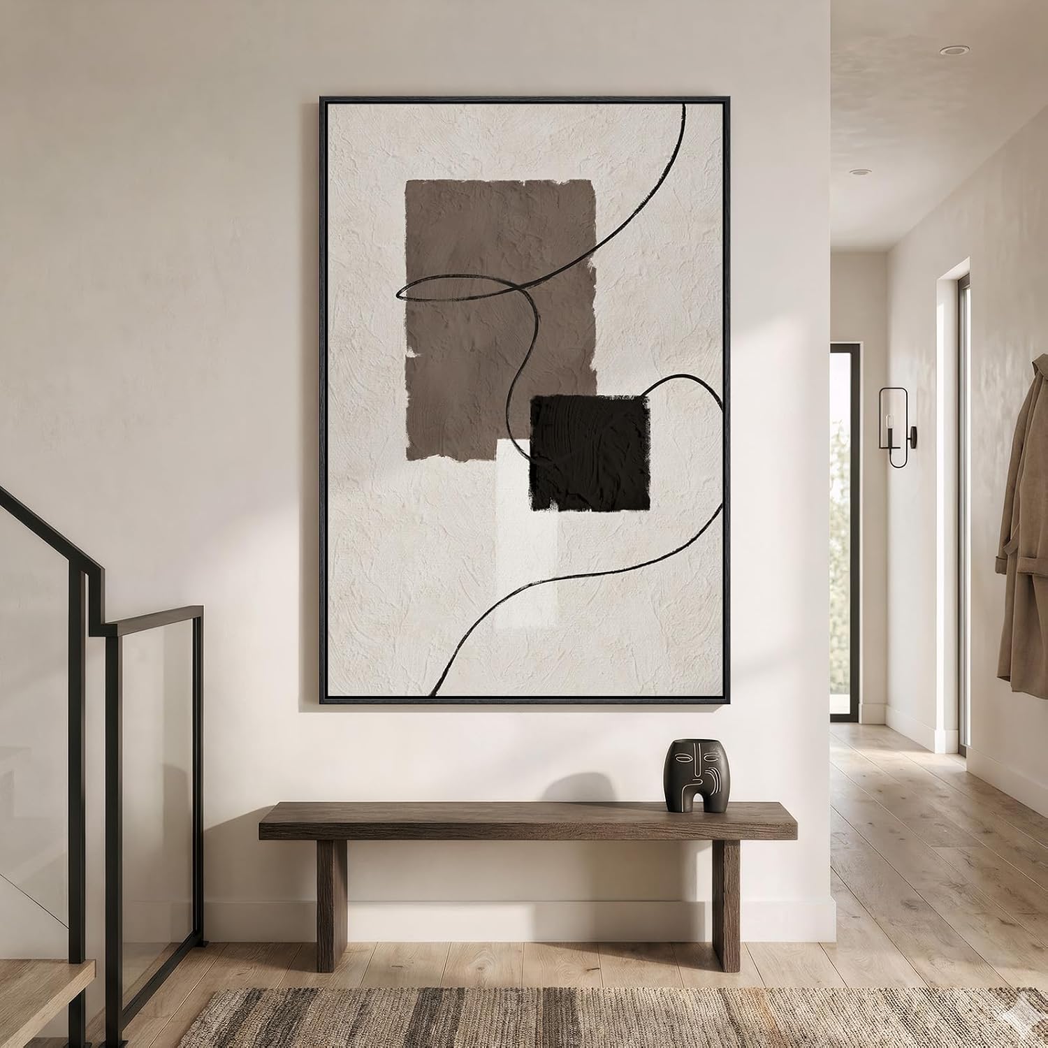 Extra Large Framed Neutral Abstract Wall Art, Vertical Modern Canvas Prints Paintings Artwork for Walls, Minimalist Beige Brown Block Pictures for Living Room Bedroom Entryway Wall Decor 40x60 In