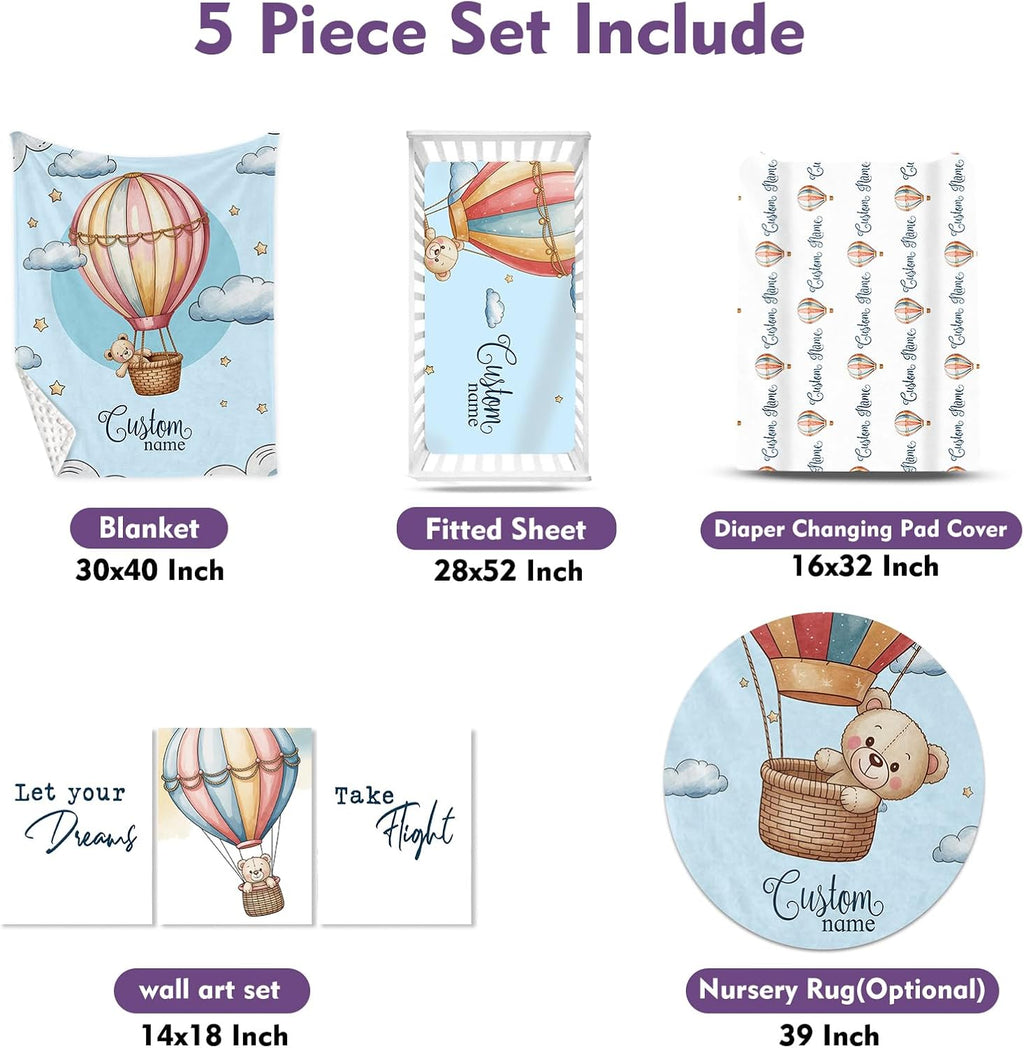 Personalized Crib Bedding Set for Baby Boys Girls, Custom Name Baby Crib Sets 5-Pcs - Toddler Double Layer Blanket Fitted Sheet Changing Pad Cover Rug Wall Art Set, Hot Air Balloon Theme Nursery Décor