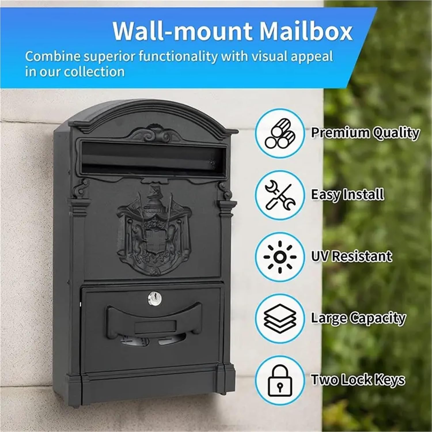 Cast Aluminum Front Villa Mailbox for Home Garden Newspaper Box with Stainless Plate with Post for Home Office