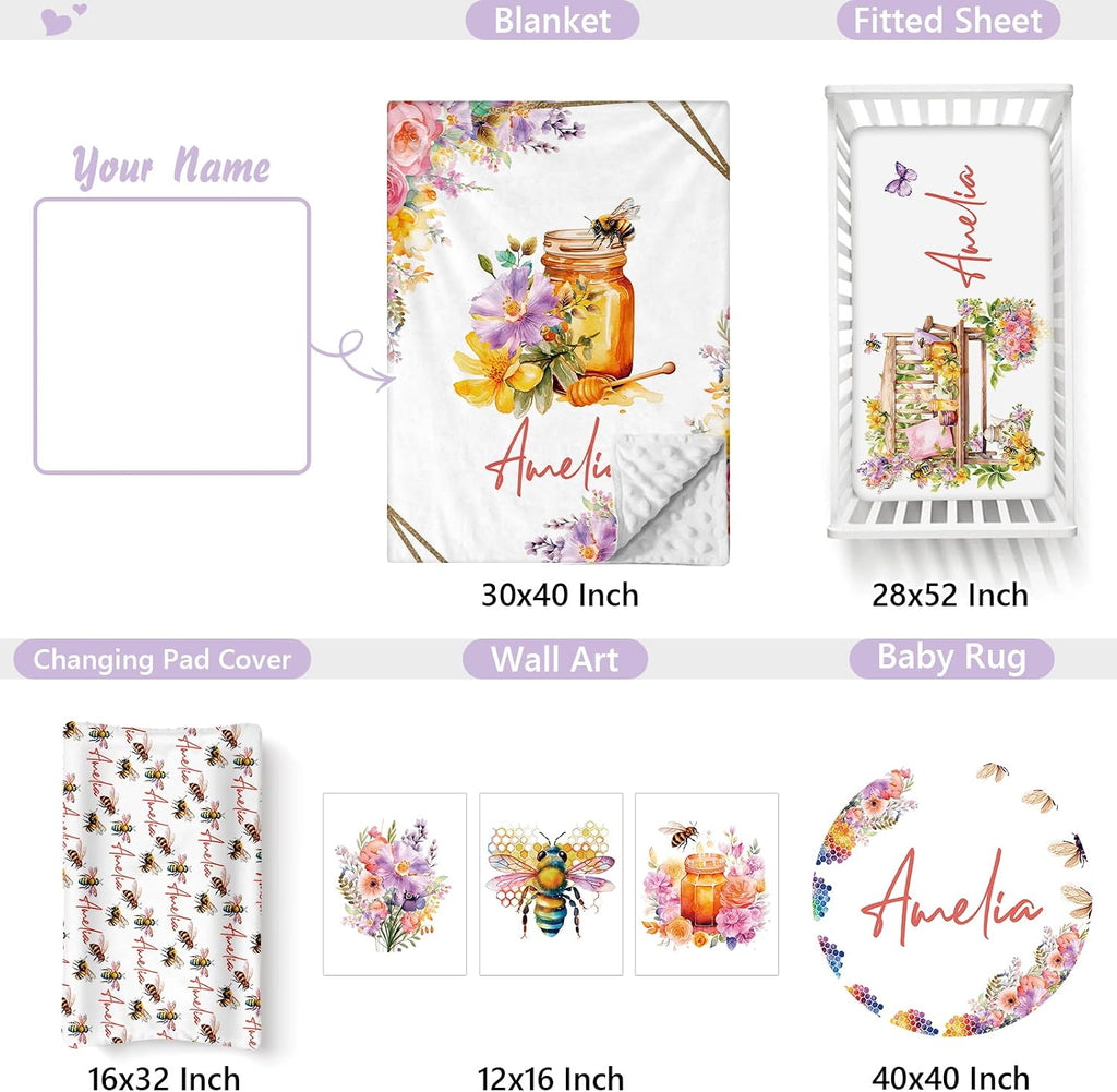 Personalized Baby Crib Bedding Set, 5 Pcs Custom Name Nursery Bedding Set for Girls Boys, Honey & Bee Baby Crib Set for Toddlers Infants, Double Layer Bedding Crib Sets Customized Gifts