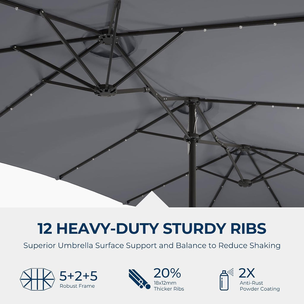 HOMSHADE Double Sided Patio Umbrellas - 15ft Solar Lights LED Lighted Outdoor Extra Large Market Table Umbrella with Base Included, Oversized Umbrella for Deck, Pool, Backyard