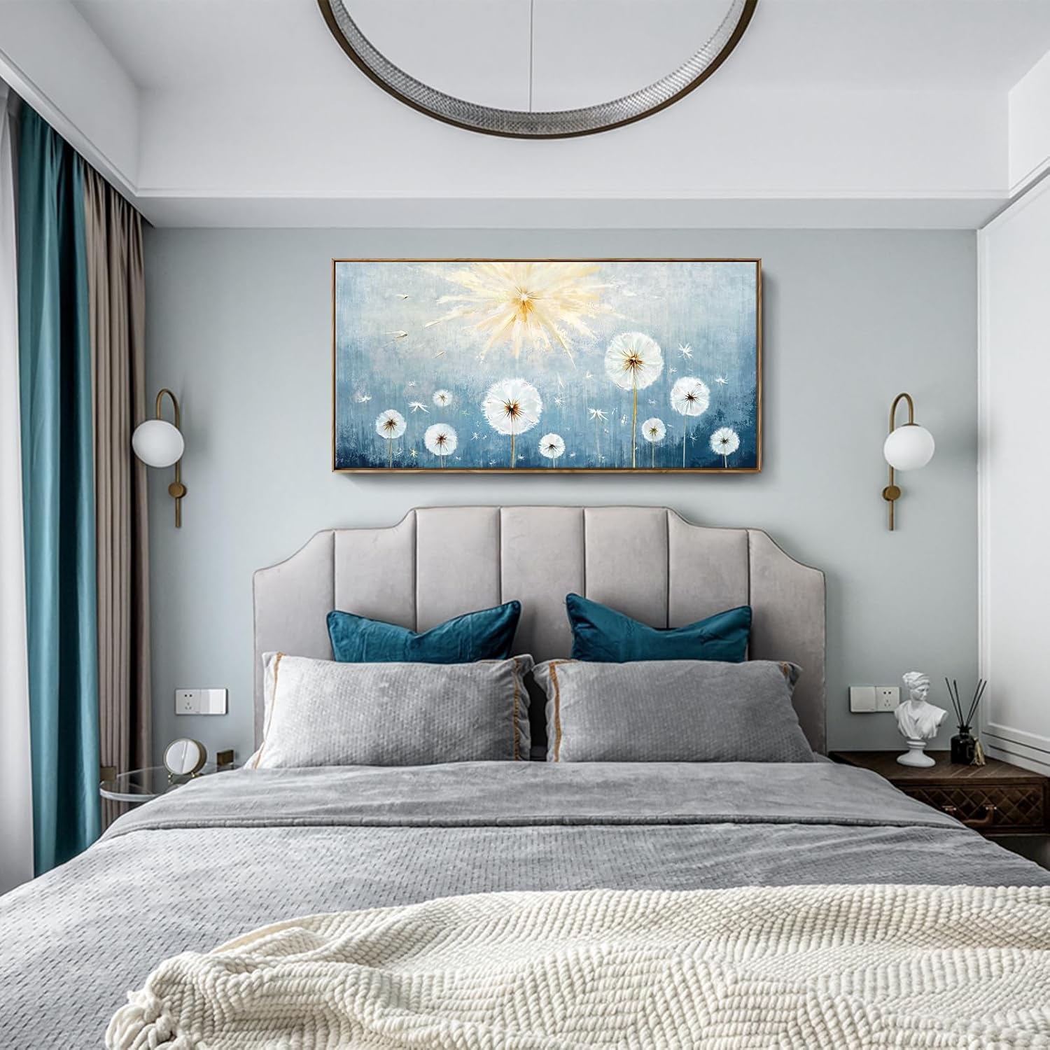 Nicetop Large Framed Inspirational Wall Pictures for Living Room Blue Floral Canvas Art Prints for Bedroom Office Nature-Inspired Dandelion Botanical Flower Artwork,Home Coastal Wall Decor 48x24 Inch