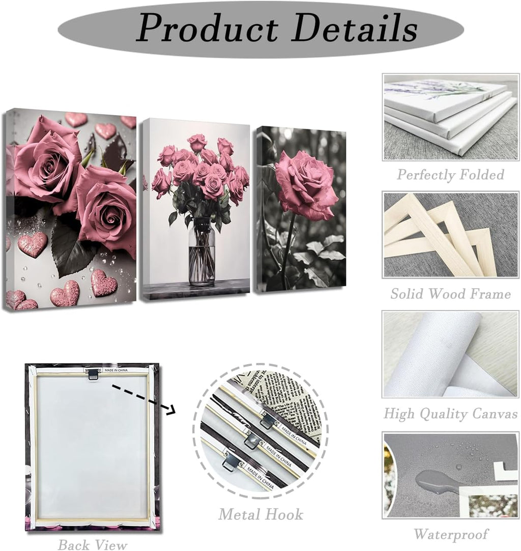 ZQQART Pink Rose Wall Art 3 PCS Bloom Pink Flower Canvas Prints Rustic Black and White Pink Floral Painting for Girls Room Wall Decor (Pink24.00' x 36.00' x 3)
