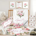 Custom Baby Crib Bedding Set, 5 PCS Personalized Name Baby Crib Sets for Girls Boys, Pink Flower Theme Nursery Bedding Sets for Infant Toddler, Double Layer Flannel Bed Set Customized Gifts