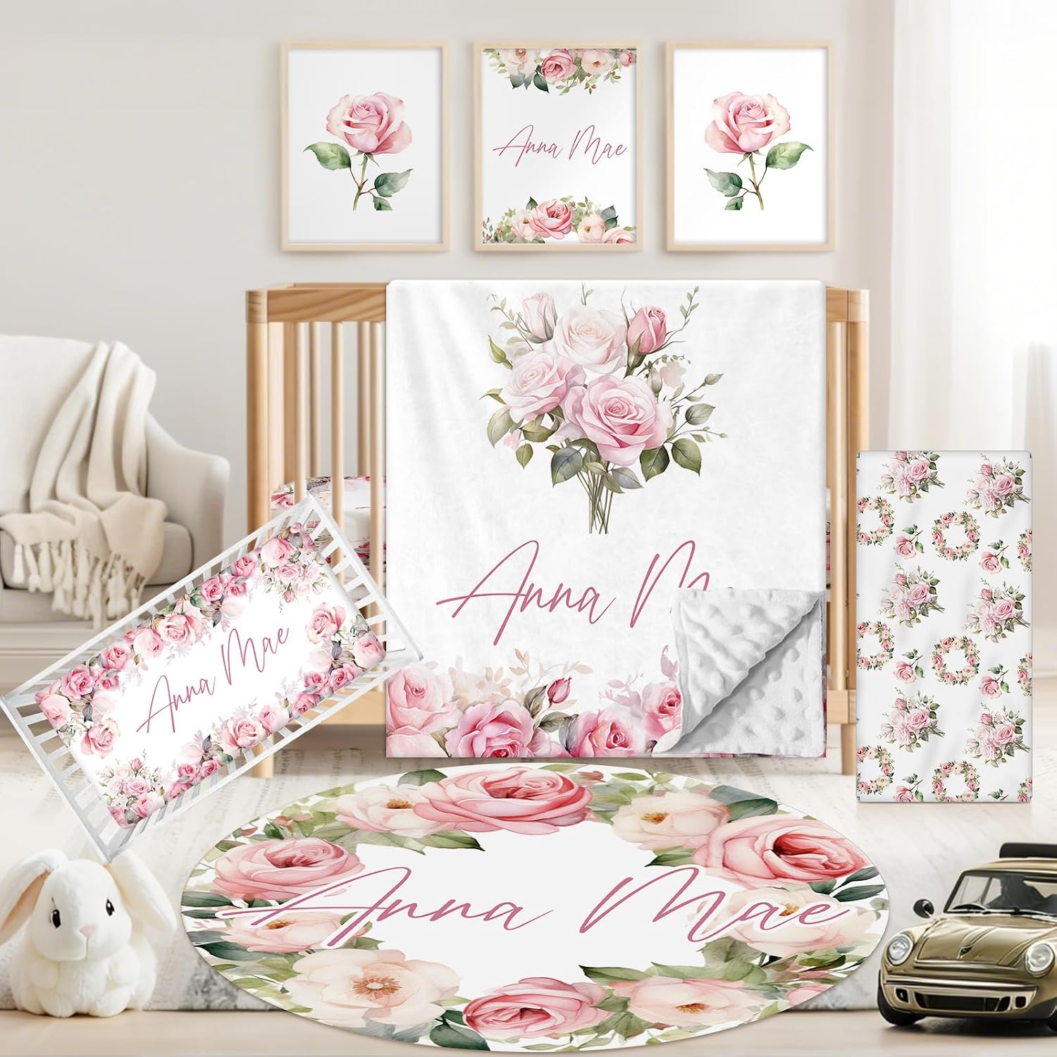 Custom Baby Crib Bedding Set, 5 PCS Personalized Name Baby Crib Sets for Girls Boys, Pink Flower Theme Nursery Bedding Sets for Infant Toddler, Double Layer Flannel Bed Set Customized Gifts