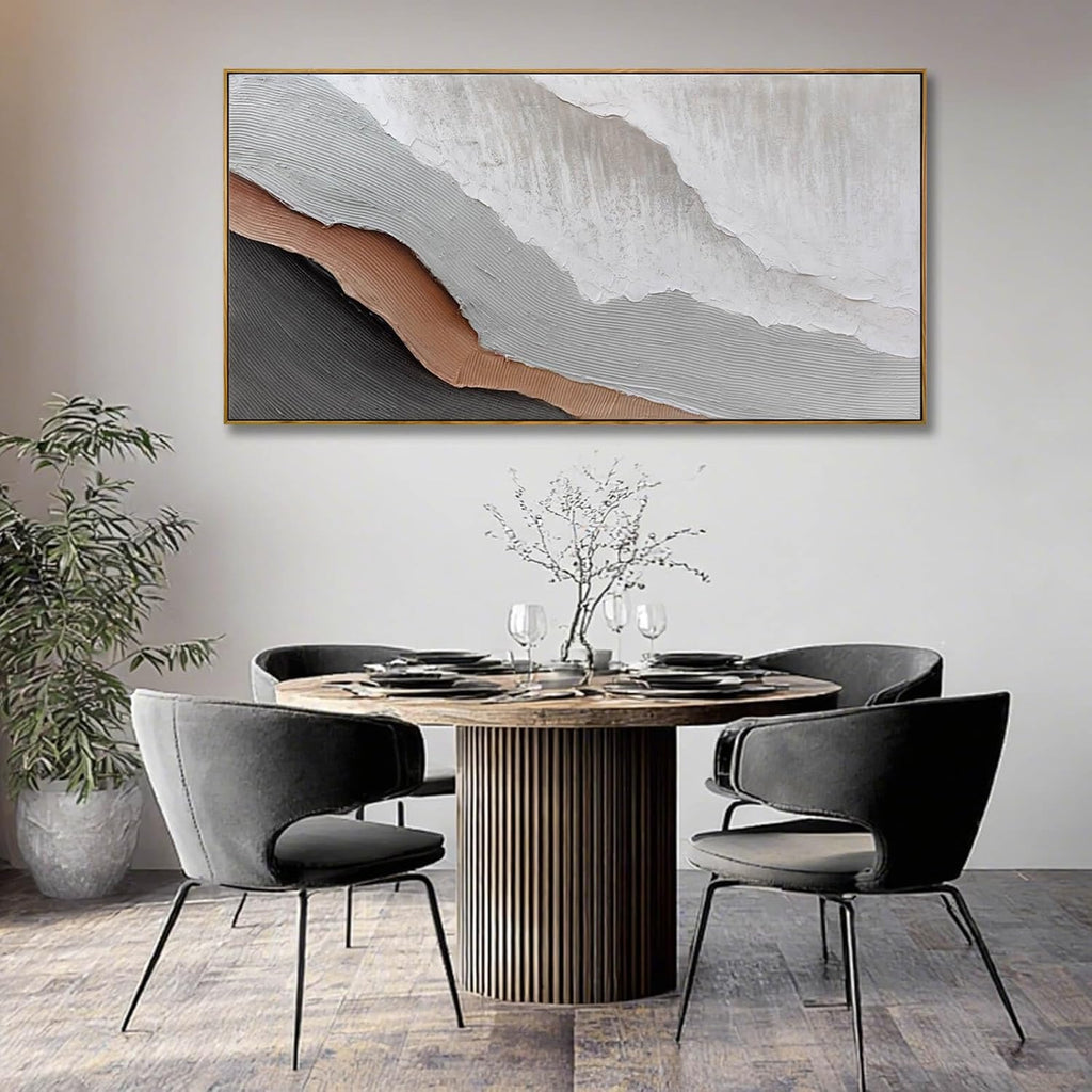Textured White Wall Art,Grey Abstract Artwork,Large Framed Modern Pictures,Wave Landscape Oil Painting 24'x48'for Home Office Gallery