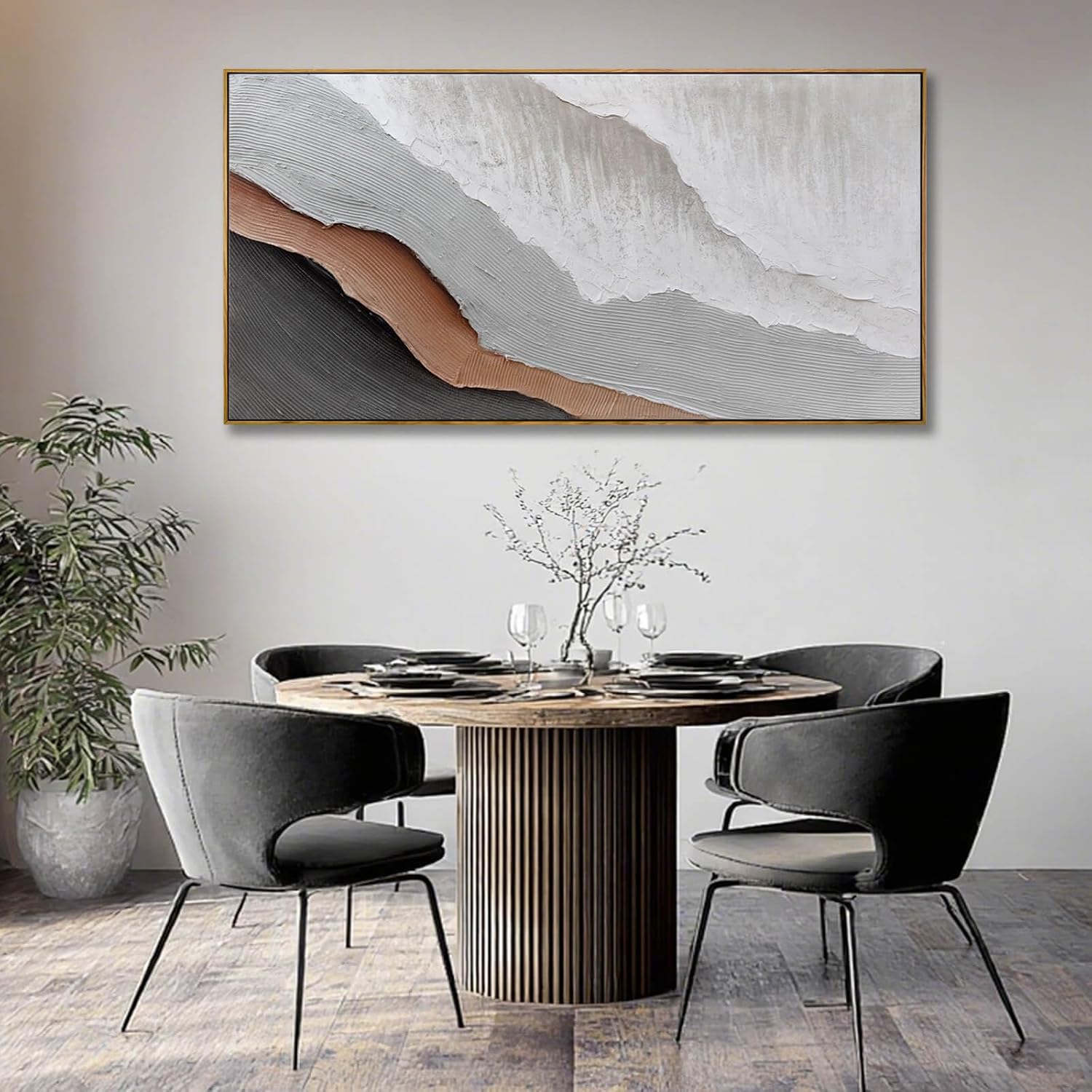 Textured White Wall Art,Grey Abstract Artwork,Large Framed Modern Pictures,Wave Landscape Oil Painting 24'x48'for Home Office Gallery