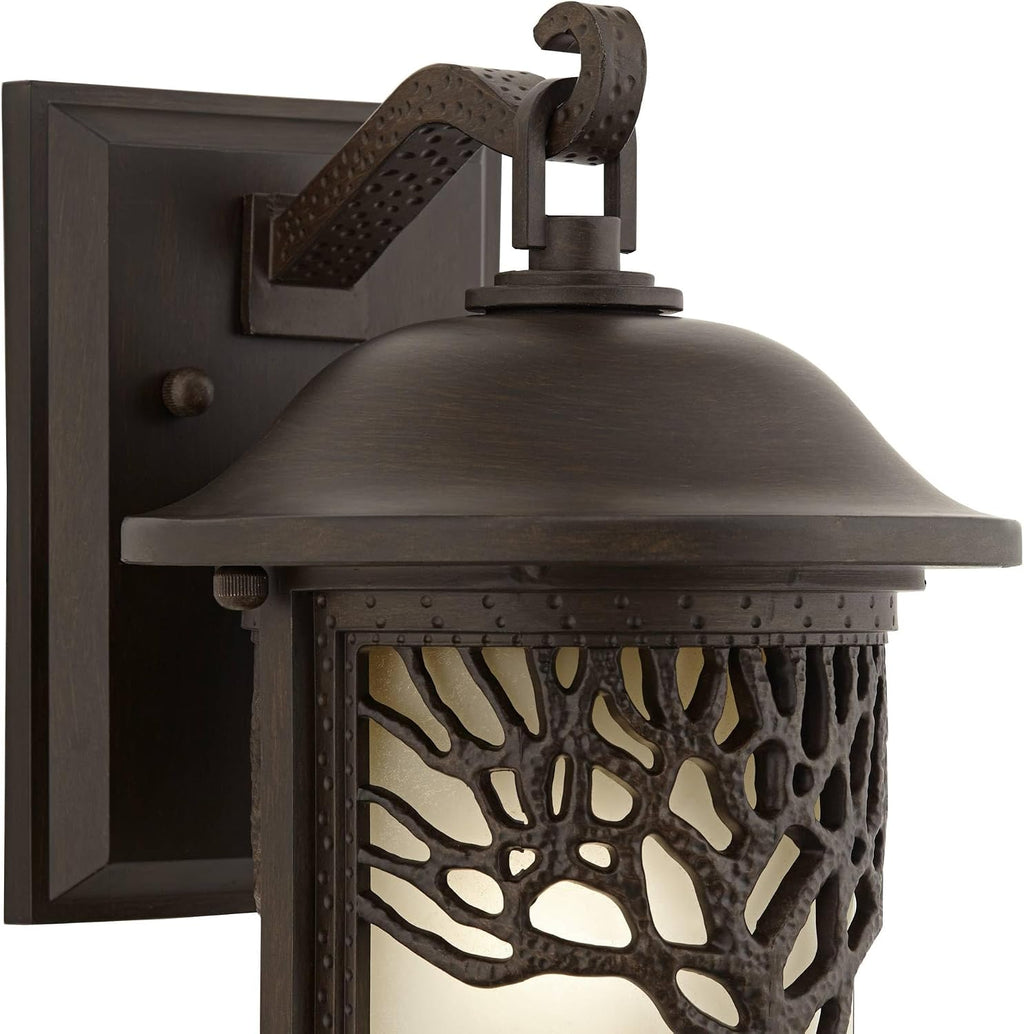 John Timberland Rustic Mission Outdoor Wall Light Sconce Fixture Bronze Tree Motif 12 1/4' Amber Glass Lantern Decor Exterior House Porch Patio Outside Deck Garage Yard Front Door Garden Home