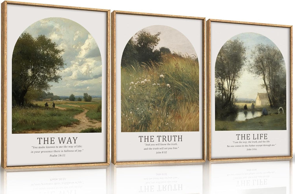 FWIEXA Christian Bible Verse Canvas Wall Art Set 3, Easter Vintage Scripture Framed Painting, Religious Landscape Decor, The Way The Truth The Life Artwork, 24x36In Prints for Living Room,Bedroom,Prayer Room