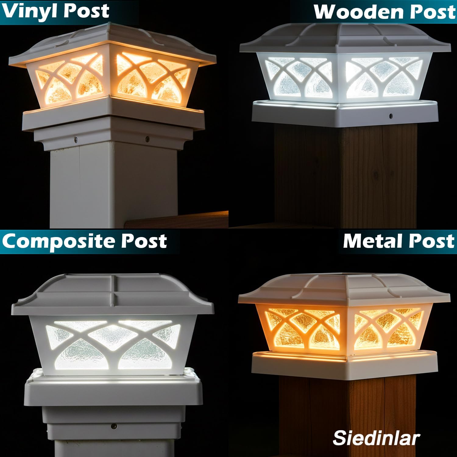 SIEDiNLAR Solar Post Cap Lights Outdoor Glass 2 Color Modes 8 LEDs for 4x4 5x5 6x6 Wooden Vinyl Posts Fence Deck Patio Decoration Warm White & Cool White Lighting White (10 Pack)