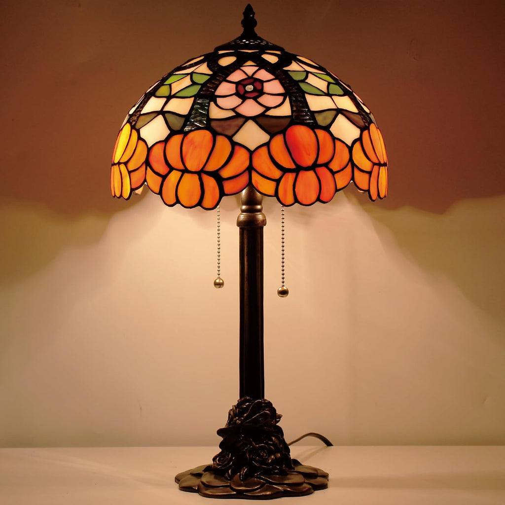 Tiffany Table Lamp Stained Glass Desk Lamp 12X12X21Inch Resin Base for Bedroom Living Room Reading Light (Orange Flower)